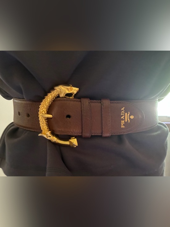 Prada Accessories - Authentic Prada Brown Leather Belt with Dragon Snake Gold Serpent Buckle